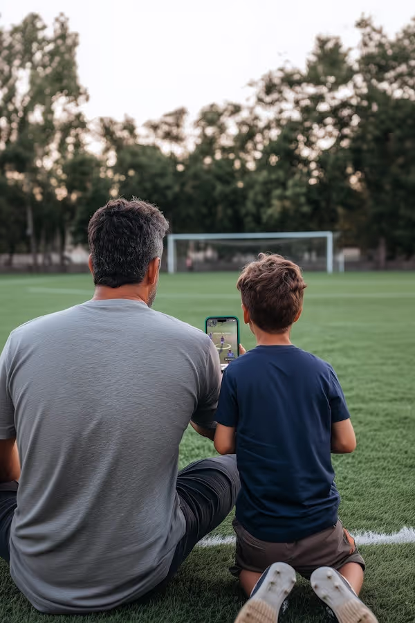 Man and boy sitting on grass at a soccer field watching a phone screen showing a soccer game.
