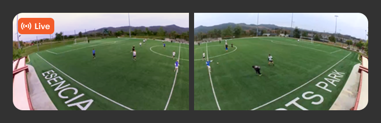 Trace livestream of a soccer game, full-field view, marked Live