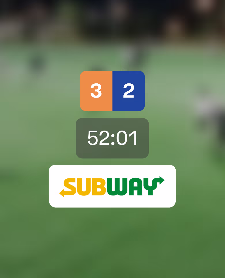 Digital scoreboard showing scores 3 and 2 with a timer at 52 minutes and 1 second, above the Subway logo.