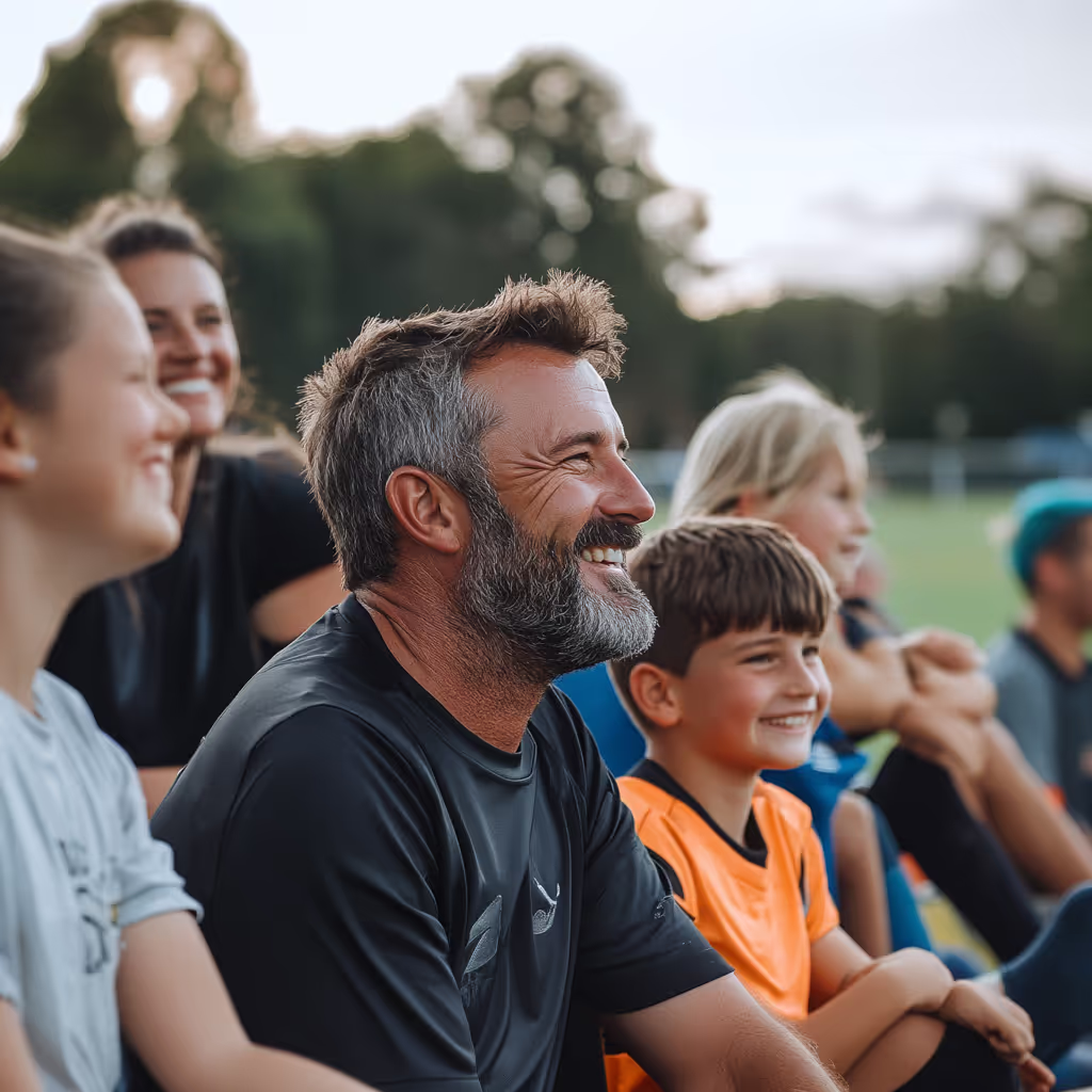 Smiling man with graying hair and beard sitting with children outdoors, watching an event.