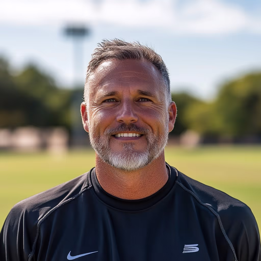 Middle-aged man with short gray hair and beard smiling outdoors wearing a black athletic shirt.