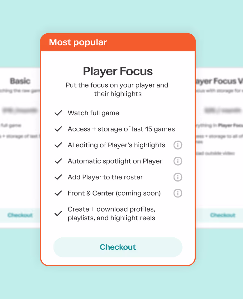 Subscription card titled Player Focus listing features like watching full games, AI editing highlights, automatic spotlight, adding players to roster, upcoming Front & Center, and creating profiles, with a Checkout button.