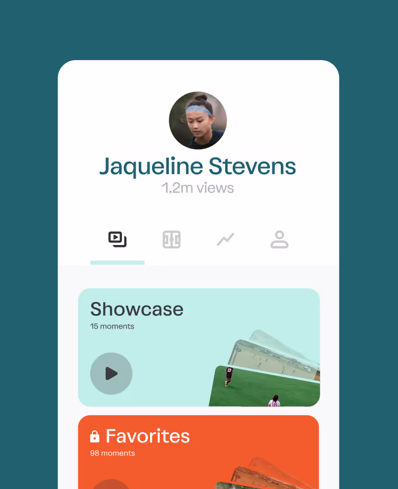 Profile of Jaqueline Stevens with 1.2 million views showing a sports video player interface with sections labeled Showcase and Favorites.