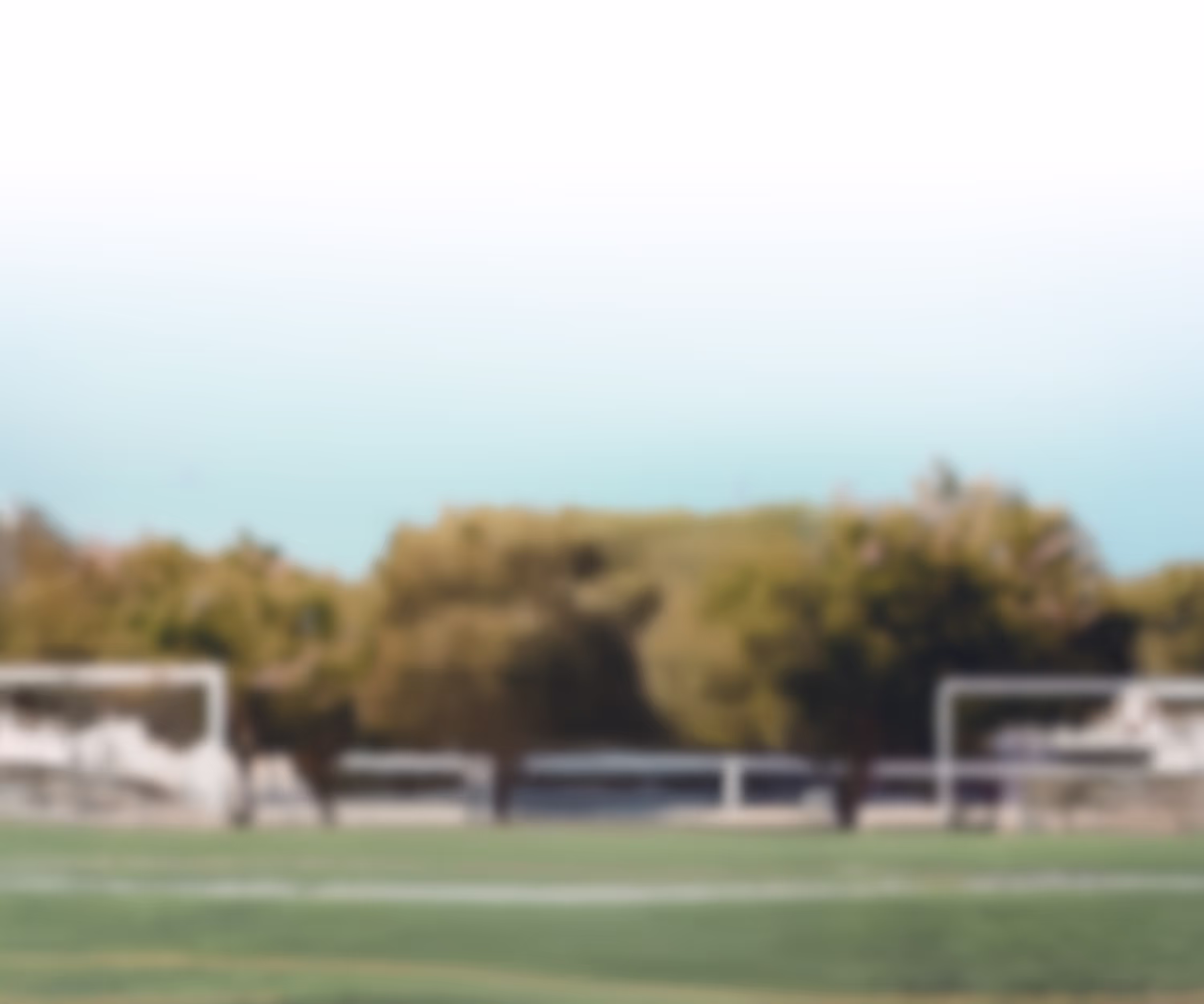 Blurred view of an outdoor soccer field with two goalposts and trees in the background.
