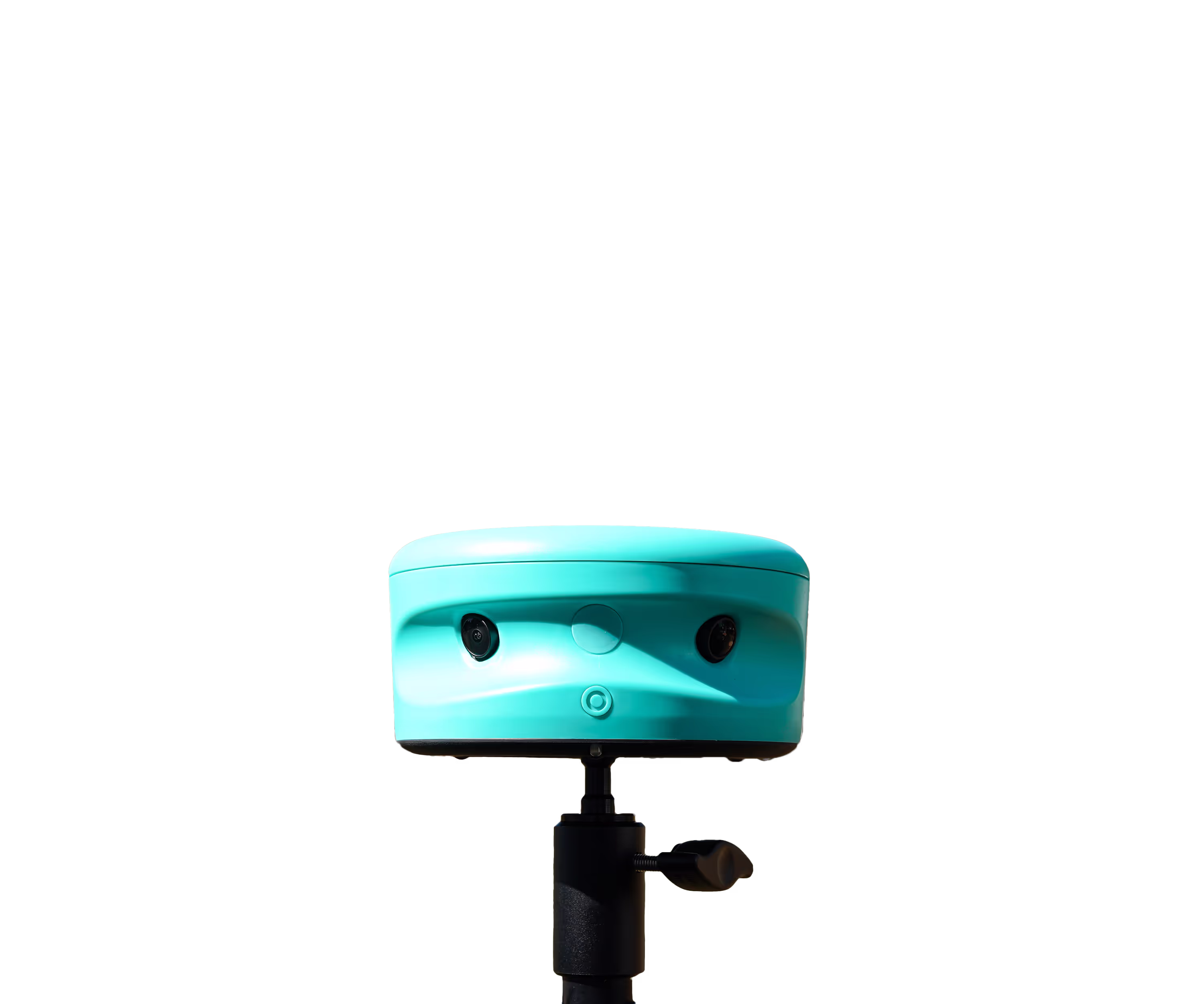 Close-up of a turquoise dual-lens camera mounted on a black tripod against a white background.