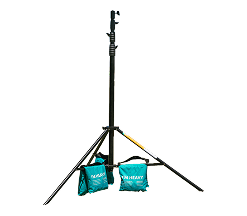 Black tripod stand with two blue sandbags for stabilization.