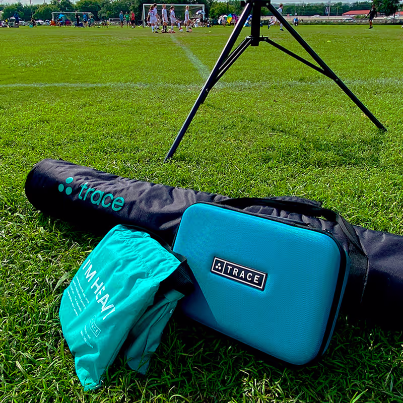 The Trace kit on the grass: tripod bag, camera case and sandbags