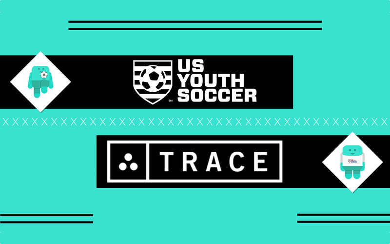 Graphic with US Youth Soccer and Trace logos and mascot characters on a teal background