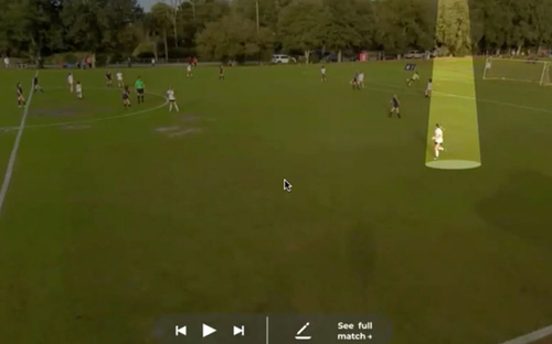 Trace Video Player Spotlight Trace video player showing a soccer field from above with one player spotlighted and playback controls