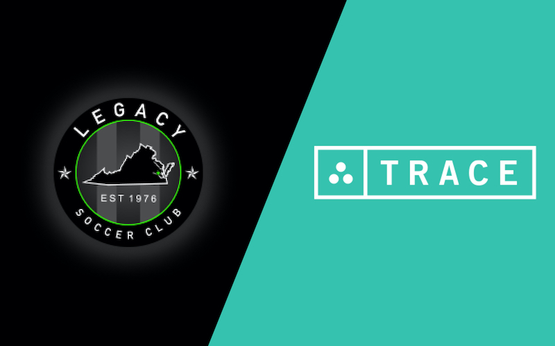Legacy Soccer Club crest beside the Trace logo on a split black and teal graphic