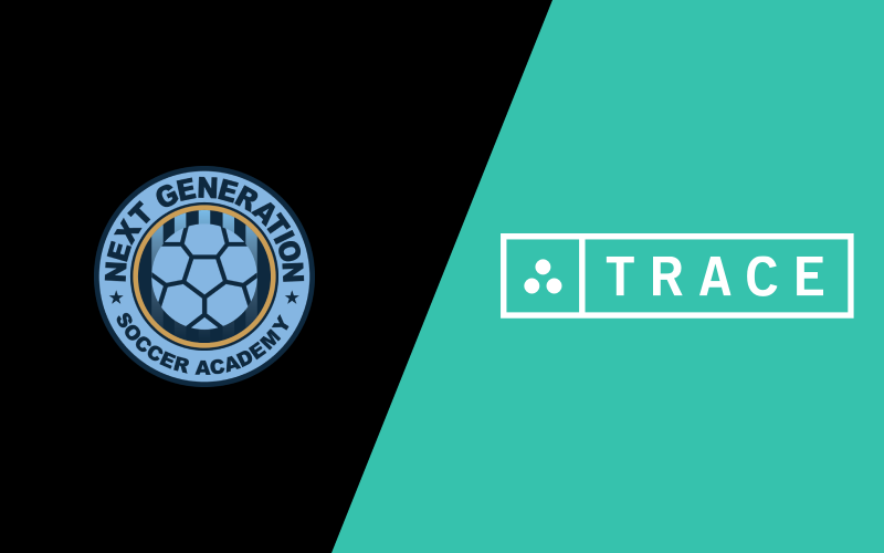 Next Generation Soccer Academy crest beside the Trace logo on a split black and teal graphic