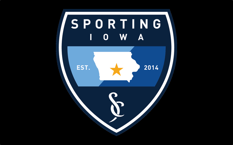 Sporting Iowa Club Crest Navy and white Sporting Iowa club shield crest with state outline and gold star on black