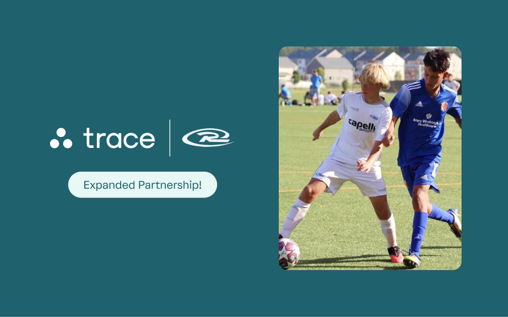 Virginia Rush Trace Partnership Trace and Rush logos beside a photo of two youth players competing for the ball.