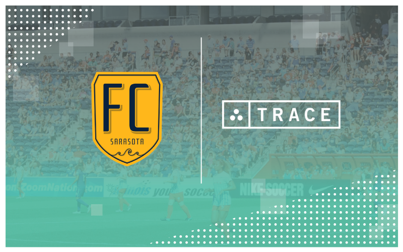 FC Sarasota and Trace logos over a faded stadium crowd background.