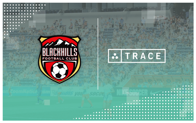Blackhills Football Club and Trace logos over a faded stadium crowd background.