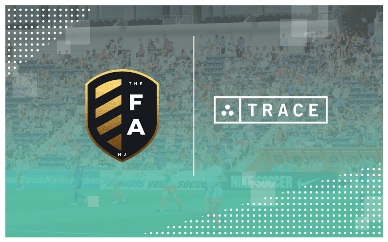 The FA NJ (Football Academy NJ) and Trace logos over a faded stadium crowd background.