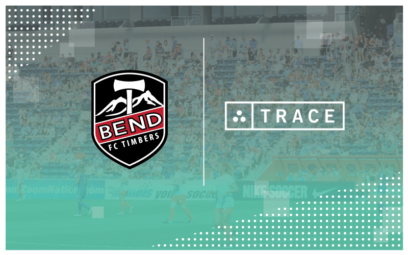 Bend FC Timbers and Trace logos over a faded stadium crowd background.