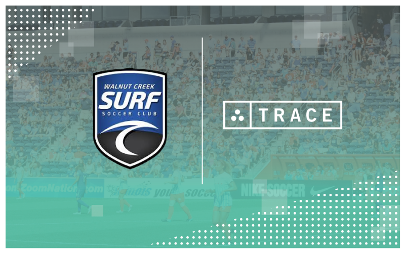 Walnut Creek Surf Soccer Club and Trace logos over a faded stadium crowd background.