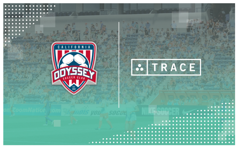 California Odyssey Soccer Club and Trace logos over a faded stadium crowd background.