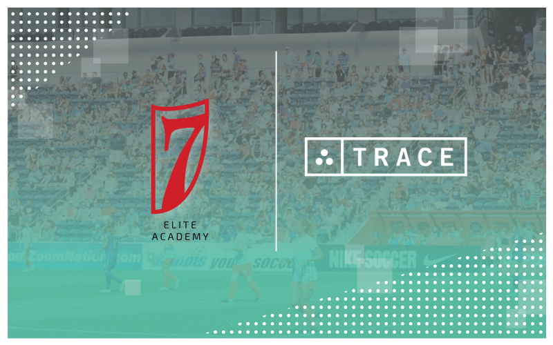 Red 7 Elite Academy logo beside the Trace logo over a faded stadium crowd background.