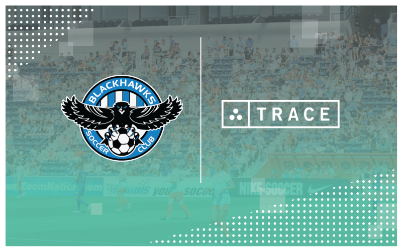 Blackhawks Soccer Club hawk crest beside the Trace logo over a faded stadium crowd background.