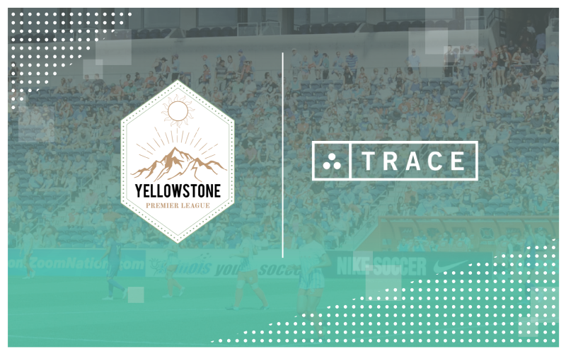 Yellowstone Premier League mountain logo beside the Trace logo over a faded stadium crowd background.