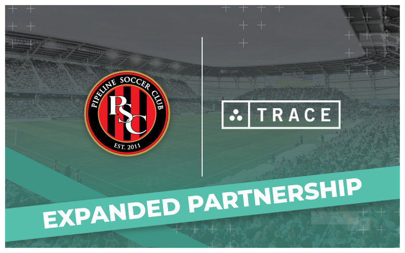 Pipeline Soccer Club crest beside the Trace logo above an Expanded Partnership banner over a stadium.