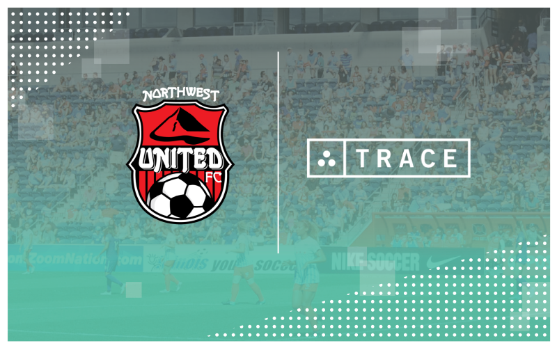 Northwest United FC crest beside the Trace logo over a faded stadium crowd background.