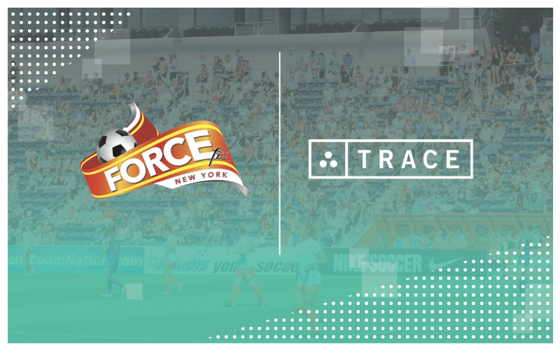 Force FC New York banner logo beside the Trace logo over a faded stadium crowd background.