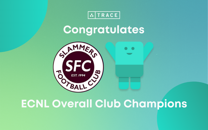 Trace congratulates Slammers FC as ECNL Overall Club Champions with the crest and Trace mascot.