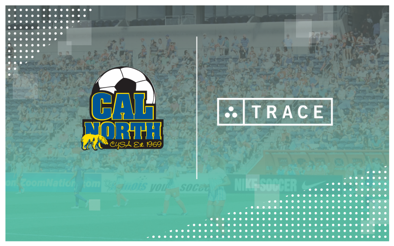 Cal North soccer logo with a bear beside the Trace logo over a faded stadium crowd background.