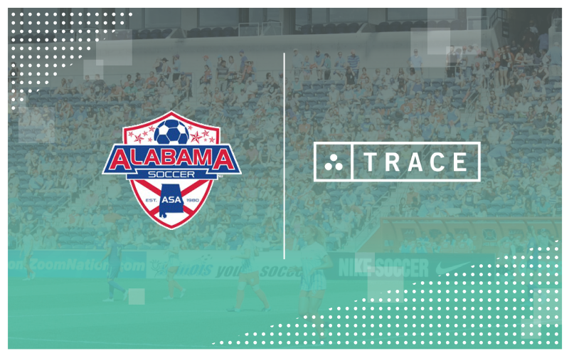 Alabama Soccer Association shield logo beside the Trace logo over a faded stadium crowd background.