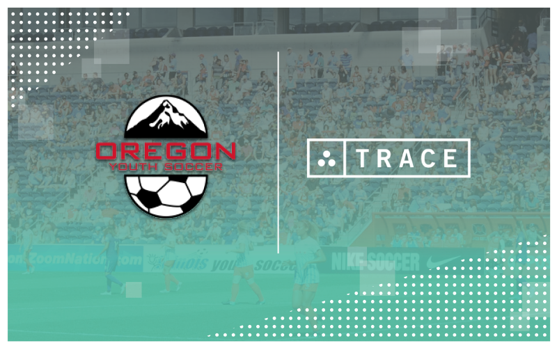 Oregon Youth Soccer And Trace Oregon Youth Soccer logo beside the Trace logo over a faded stadium crowd background.