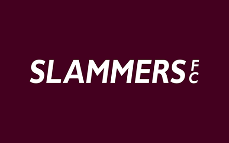 White 'SLAMMERS FC' wordmark logo on a dark maroon background