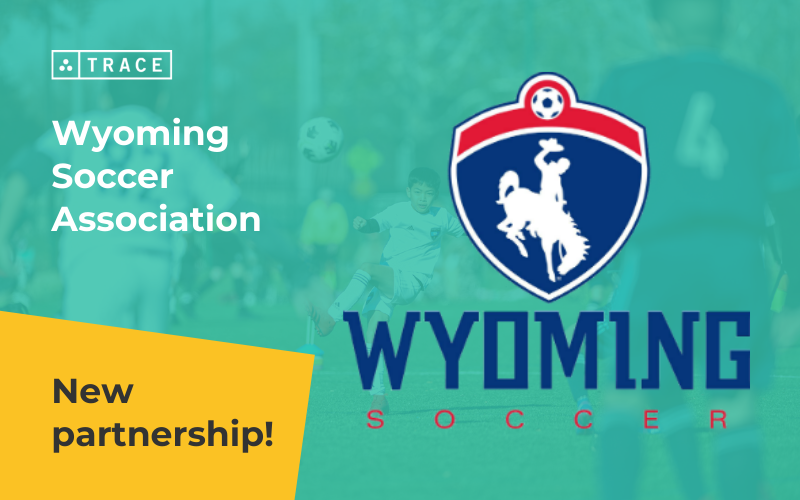 Trace partnership graphic with the Wyoming Soccer Association shield and bronco logo and 'New partnership!' text