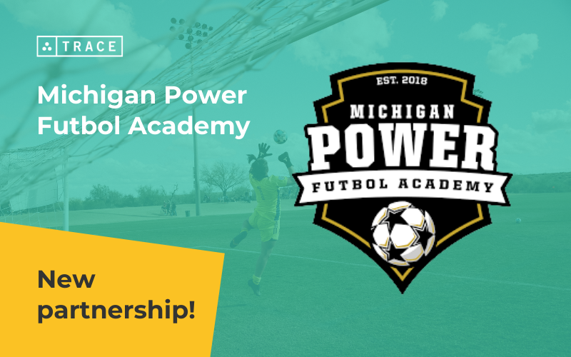 Trace partnership graphic with the Michigan Power Futbol Academy shield logo and 'New partnership!' text