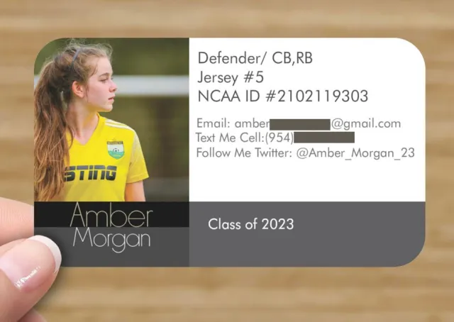 Hand holding a player ID card for defender Amber Morgan, jersey 5, Class of 2023