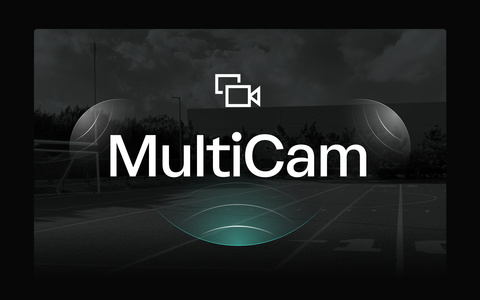 Dark MultiCam promotional graphic with a camera icon over a dim soccer field