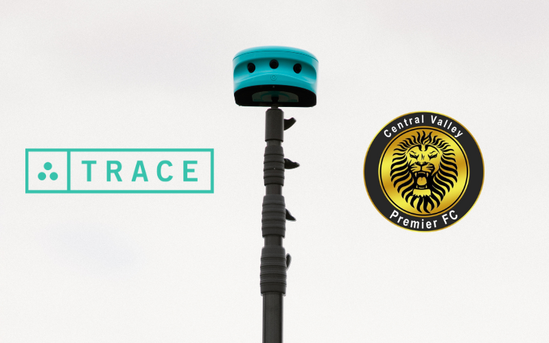 Trace Camera With Club Logo Teal Trace camera mounted on a pole against a gray sky; Trace and Central Valley Premier FC logos