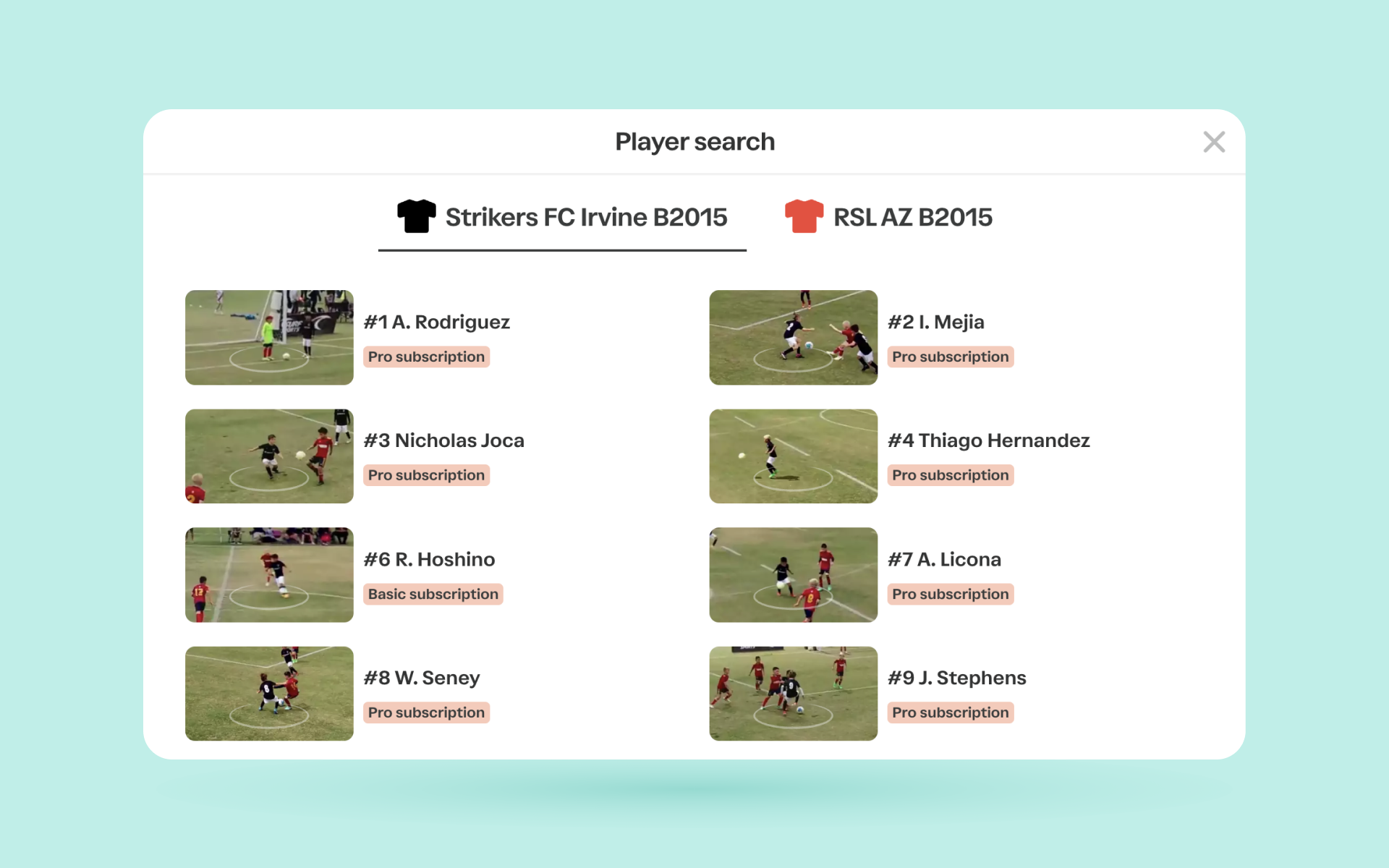 Trace App Player Search Screen Trace app player search screen listing roster thumbnails with names and subscription tags for two teams