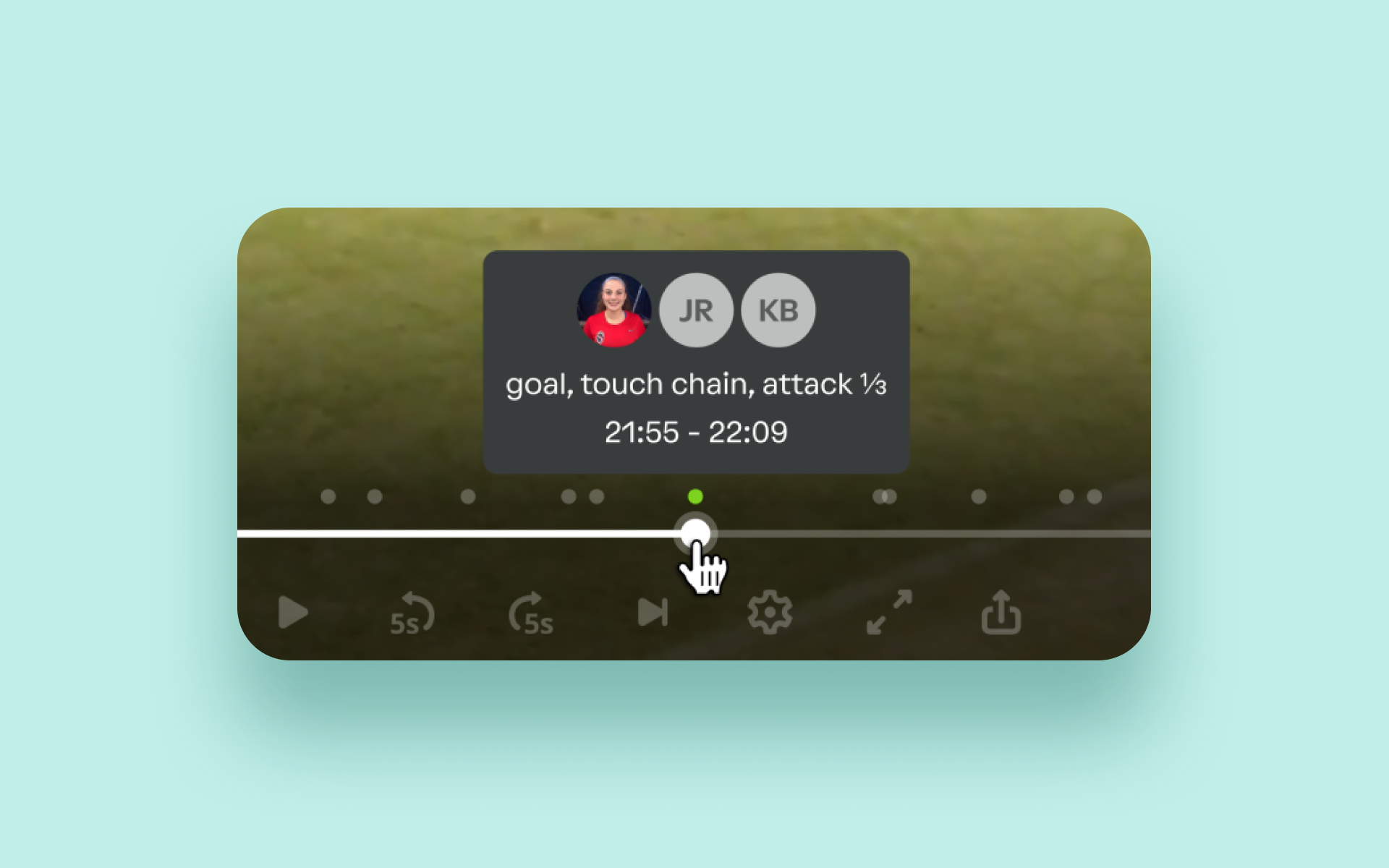 Trace Highlight Tag Screenshot Trace video player showing a tagged highlight with player avatars and a timestamp