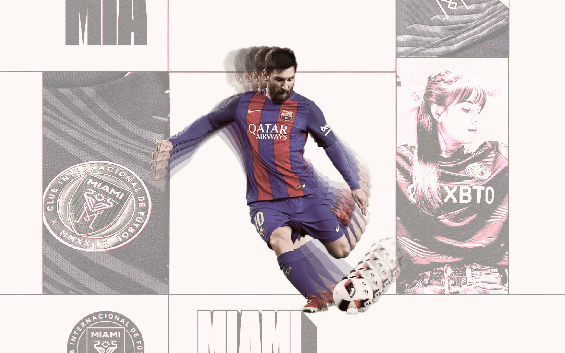 Collage of Lionel Messi striking a ball in a Barcelona kit with Inter Miami crests