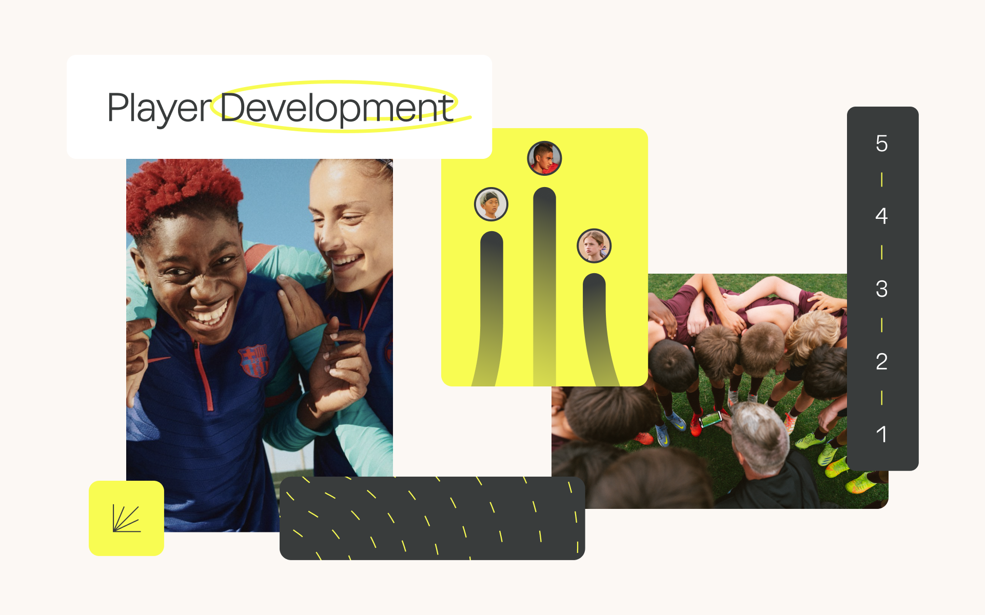 Player Development collage of smiling players, a team huddle, and yellow graphics