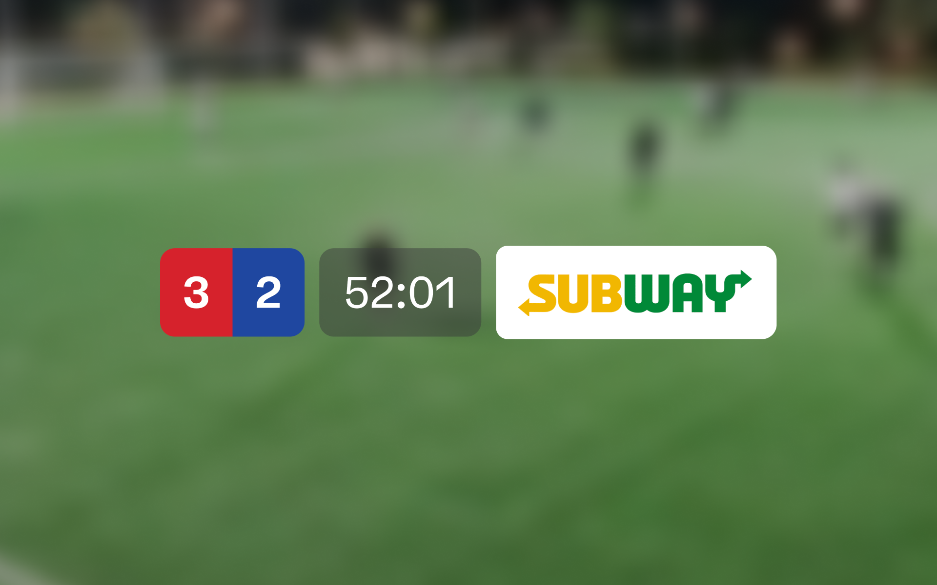 Blurred soccer field behind a live scoreboard overlay showing 3-2, a 52:01 timer and Subway logo.