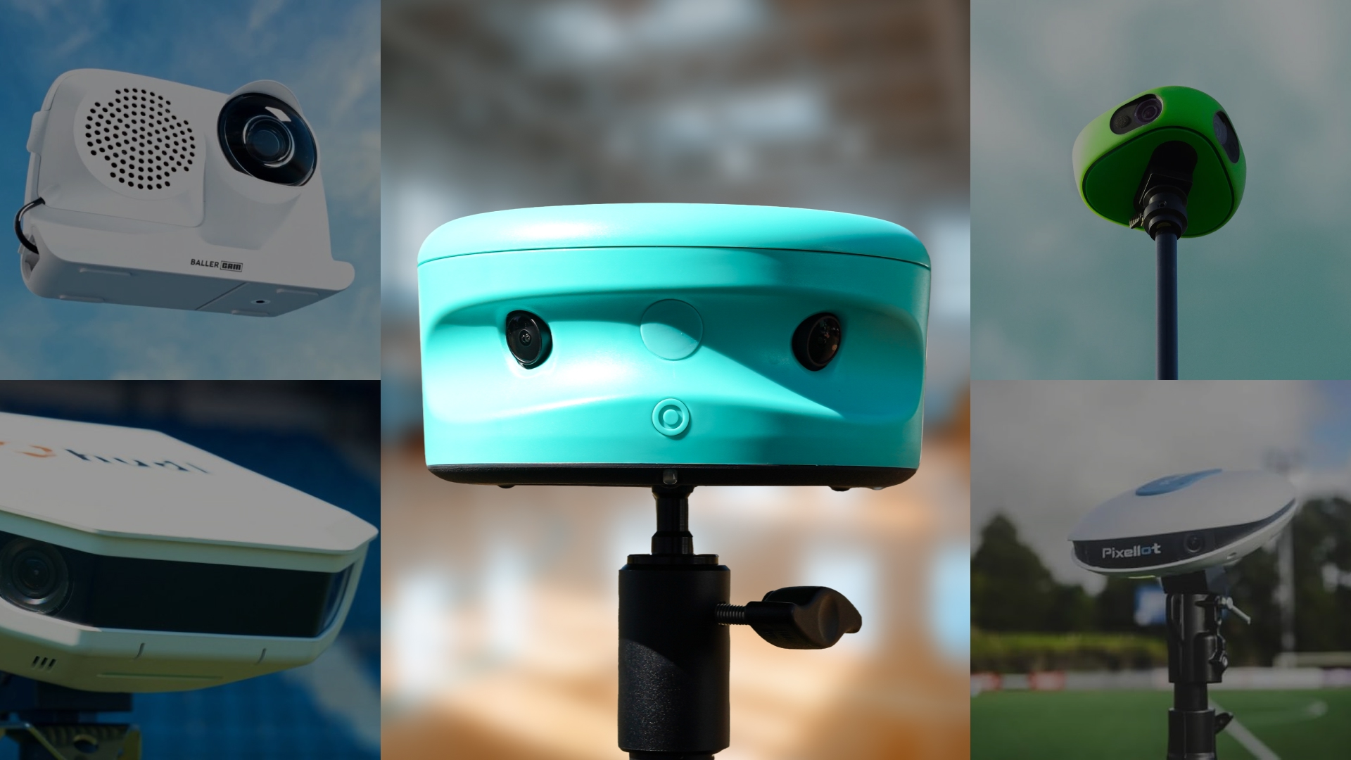 Collage comparing five sports cameras including the teal Trace, Veo, Hudl, Pixellot and BallerCam.