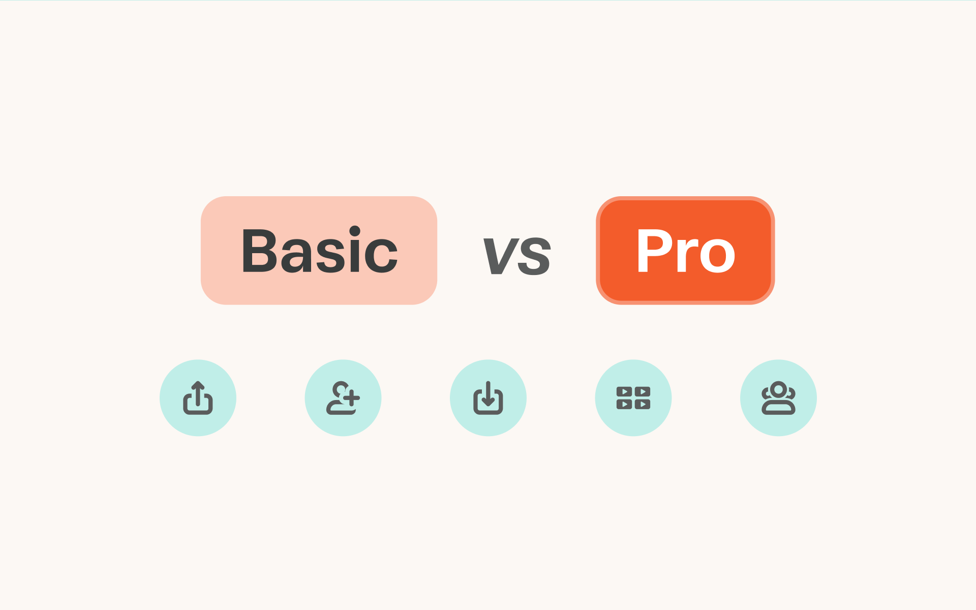 Basic vs Pro plan comparison graphic with teal feature icons on a cream background.