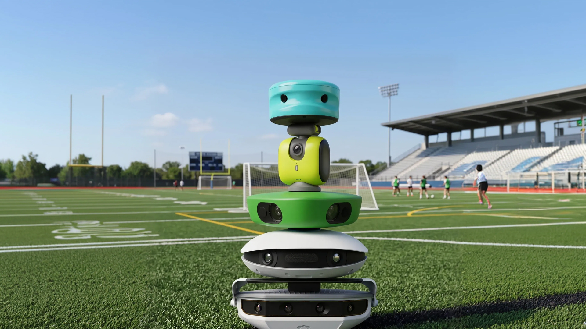 Stack of AI sports cameras, including the teal Trace, on a turf field with stadium stands behind.