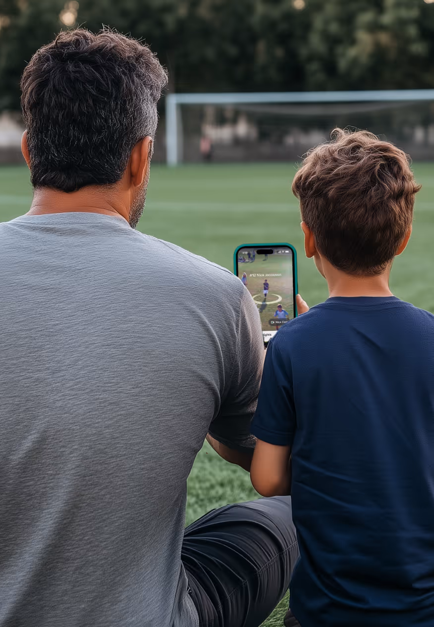 Parent and young player watching Trace soccer highlights on a phone at the field